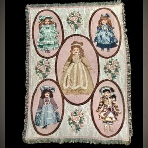 Vintage Chatham Porcelain Dolls Woven Tapestry Throw Blanket Cotton